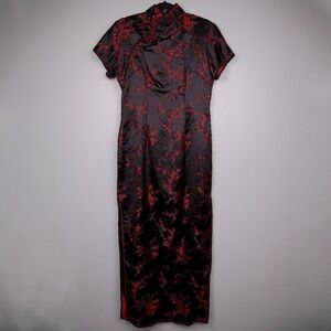 Yan's Collection Chinese Mandarin black and red floral side slit dress-M
